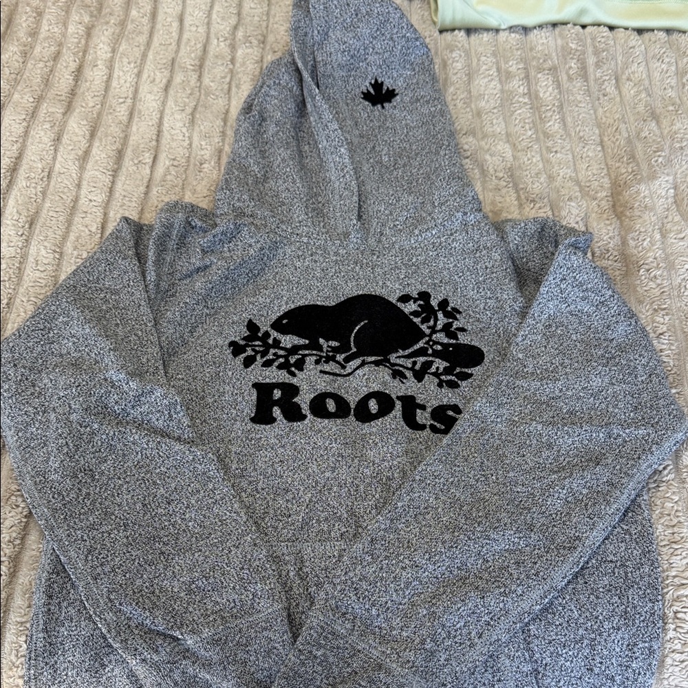 Roots Heather Gray Hoodie with Black Emblem